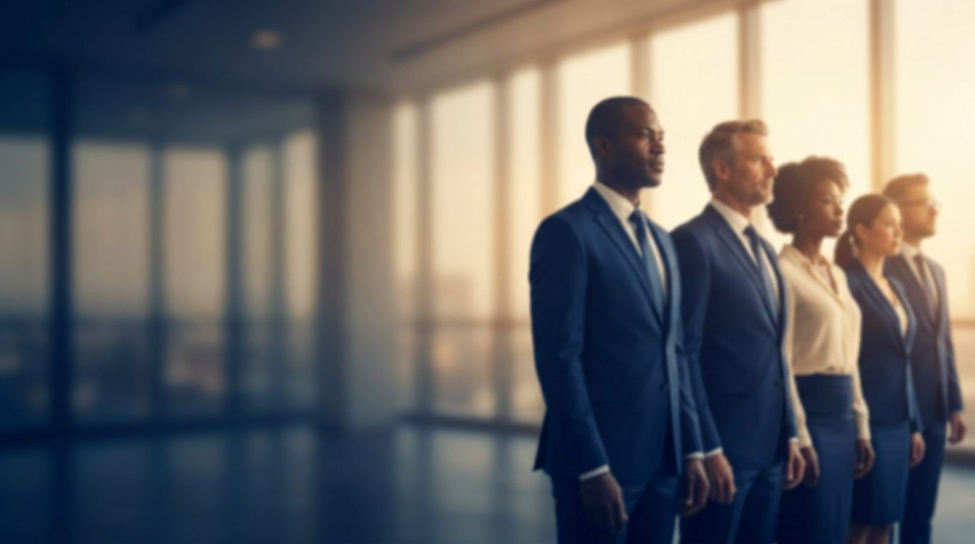Confident, diverse leaders standing together with purpose