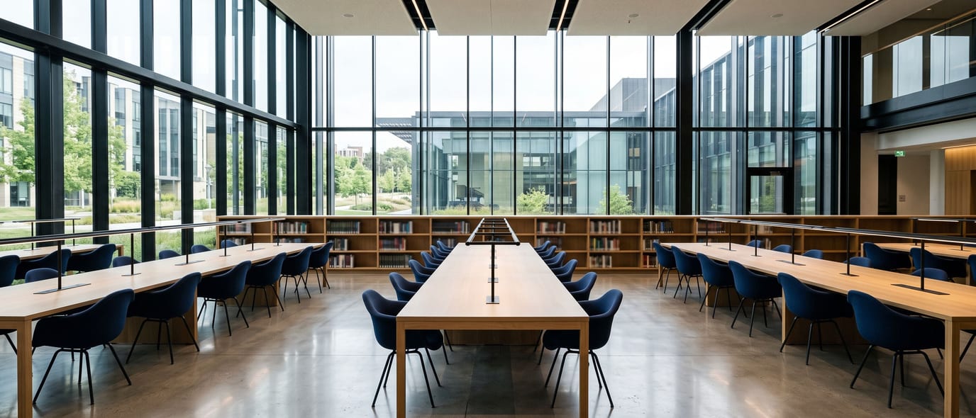 A modern university learning commons with long study tables