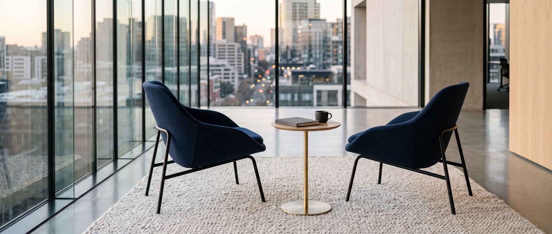 Two armchairs angled toward each other beside a tall window