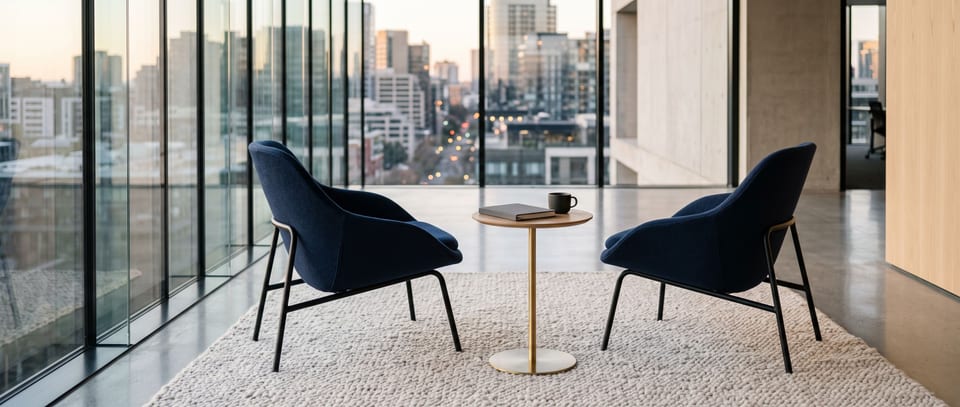 Two navy chairs set for a one to one coaching conversation beside tall windows