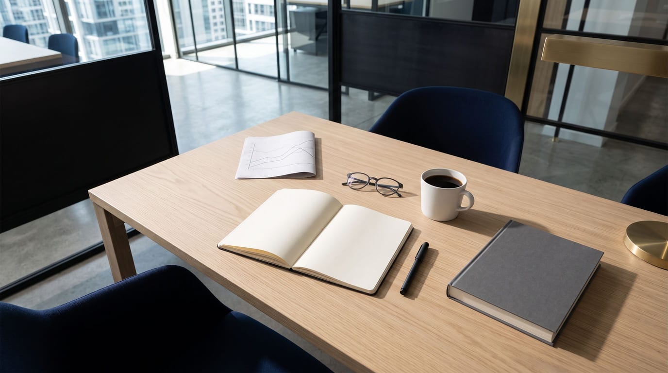 An open notebook, pen and coffee cup on a writing desk