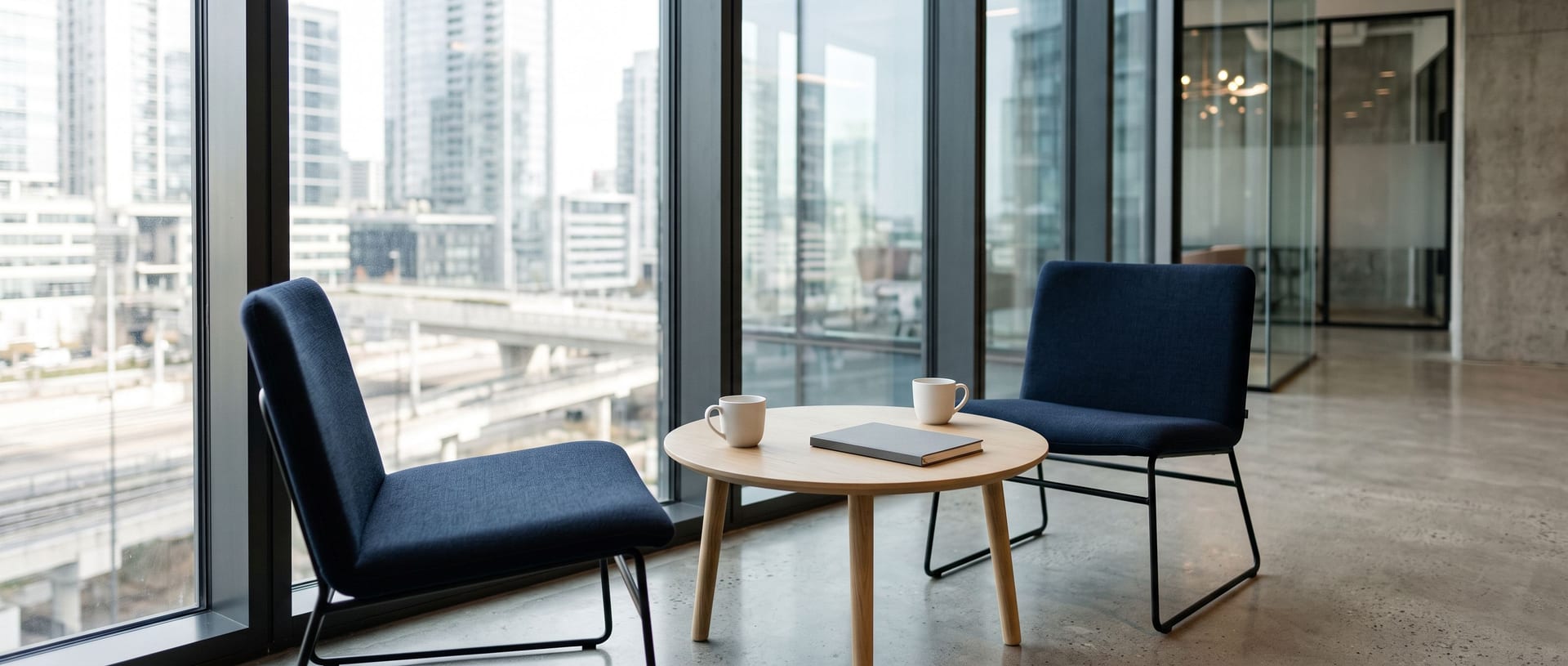 A small round table set for two beside a window