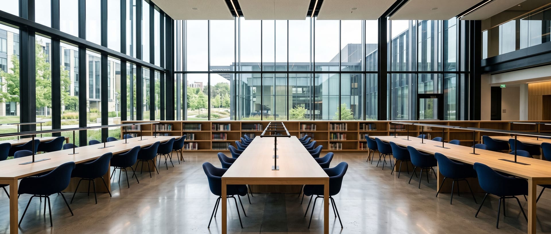 A modern university learning commons with long study tables
