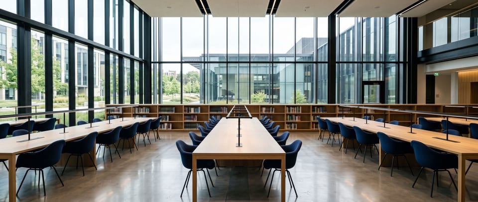 A modern learning space with long tables and shelves of books