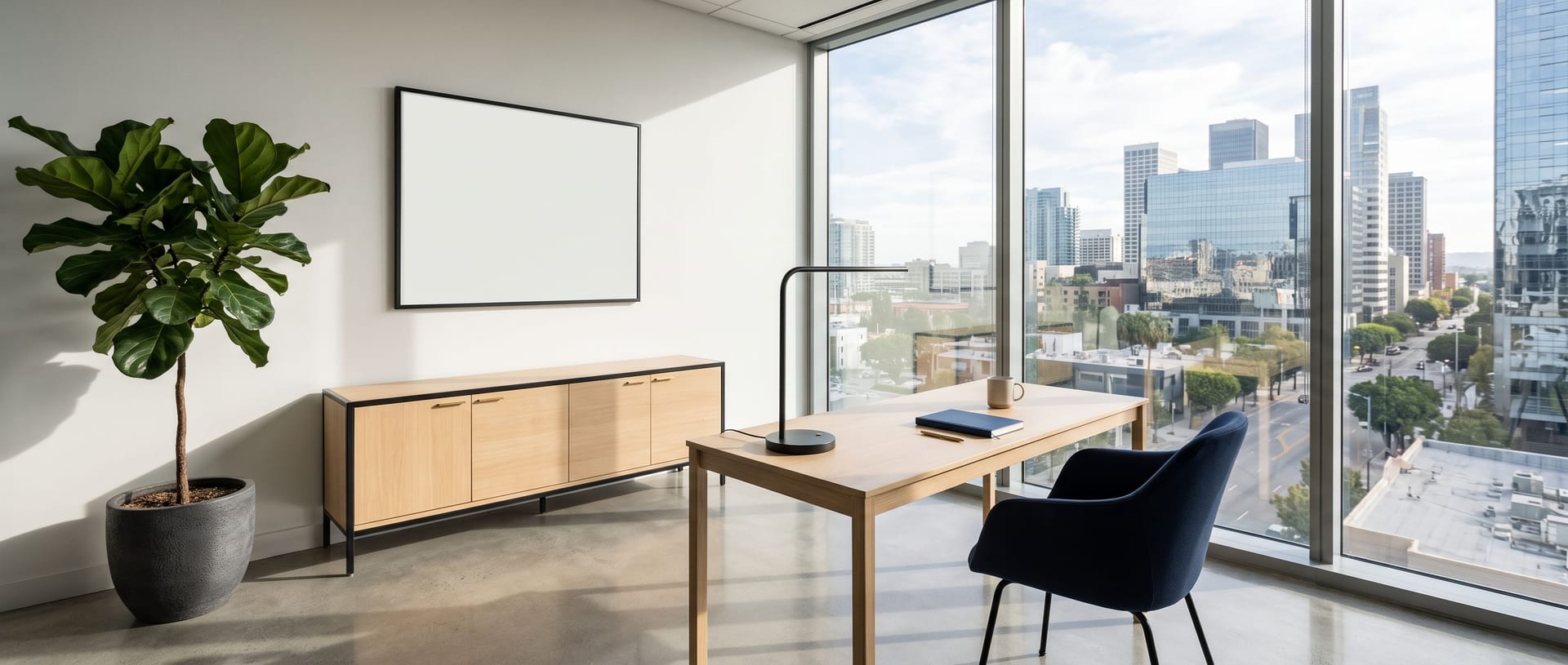 A quiet private office with a desk turned toward the window
