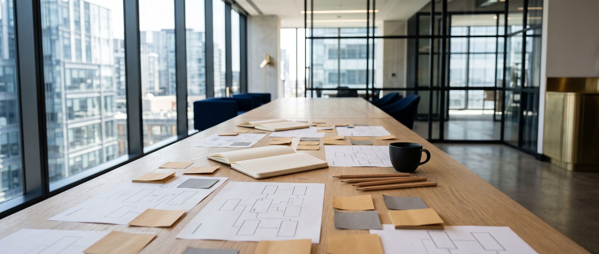 A long worktable covered with printed process diagrams and notebooks