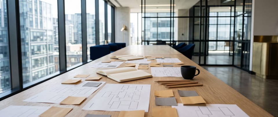 A long strategy table laid out with plans in a bright modern office