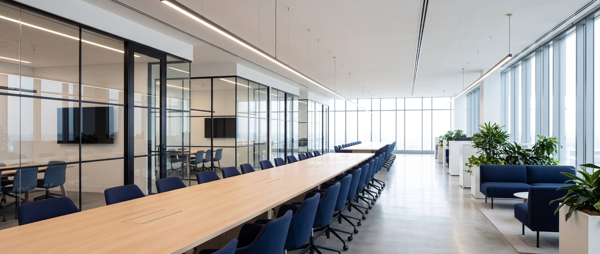 An open doorway leading into a sunlit meeting room