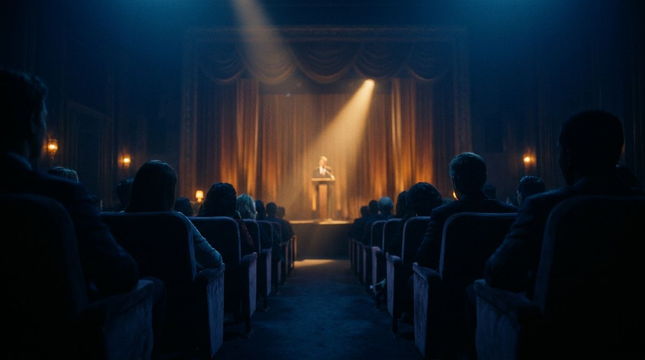 A darkened auditorium during a facilitated public dialogue.