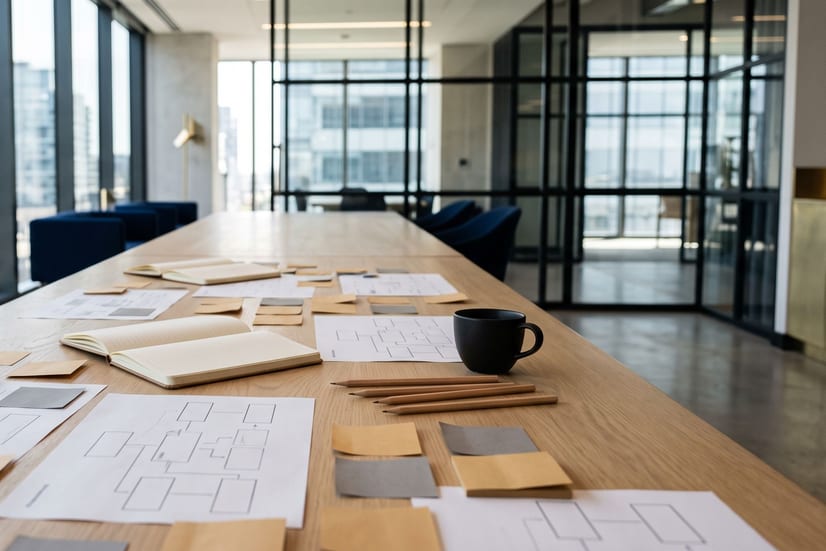 Printed process diagrams and notebooks on a working table