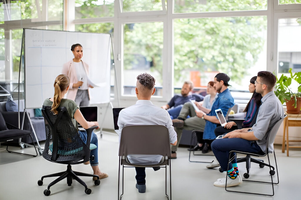 A facilitated group conversation in session